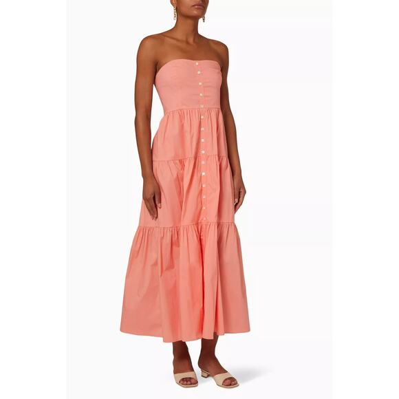 STAUD Elroy Midi Strapless Tiered Dress Cotton Poplin Grapefruit Women Small - Picture 1 of 15